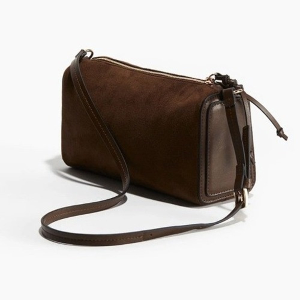 Brown Faux Suede Bag Gold Hardware Adjustable Strap Minimalist Shoulder Bag